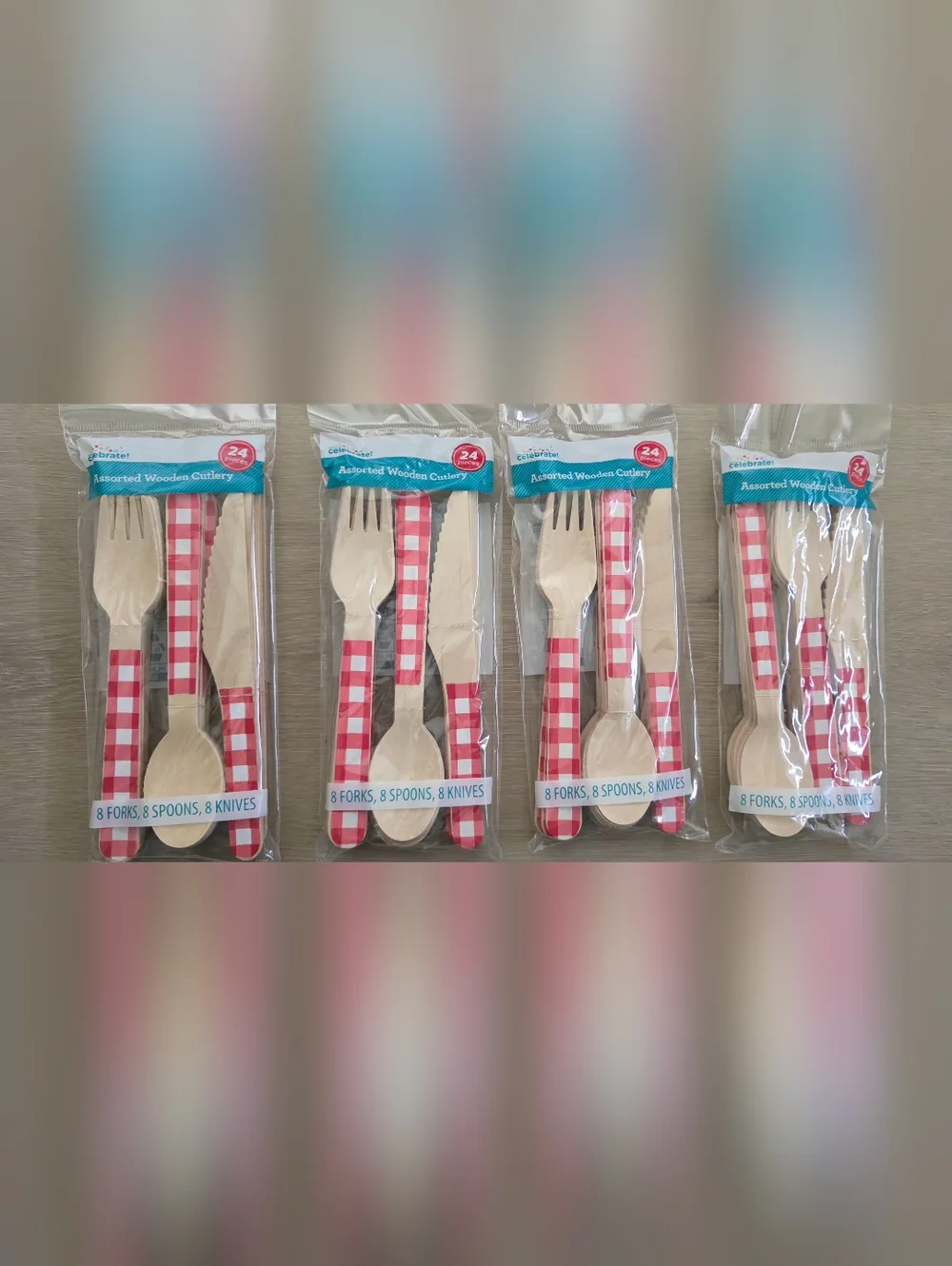 New 4 Packs Assorted Wooden Cutlery Set with Red Gingham Handles - 96 Pieces